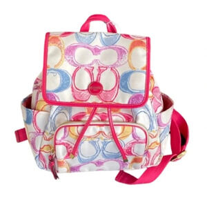 Coach Monogram Multicolor Canvas Leather Trim Scribble Poppy Backpack